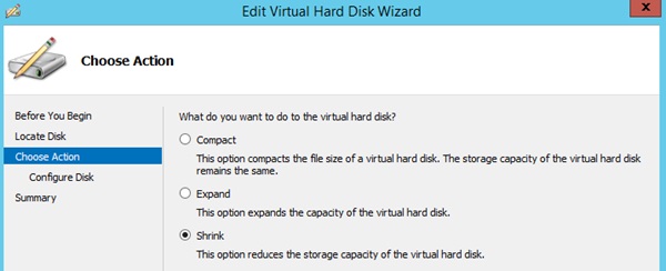 Ha van a .VHDX fájlban szabad hely, akkor kiválasztható a Shrink opció